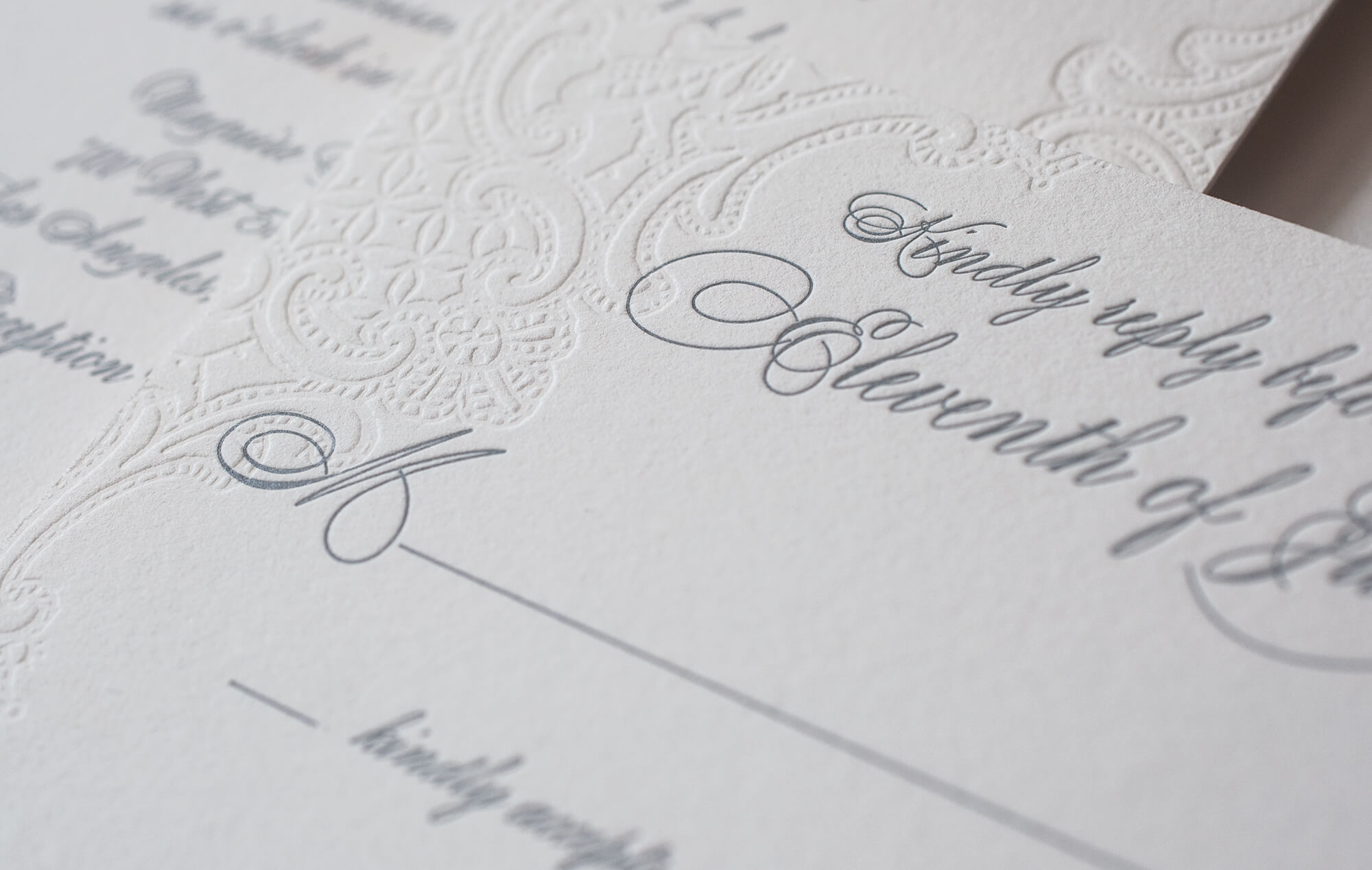 Letterpress lace and grey lettering