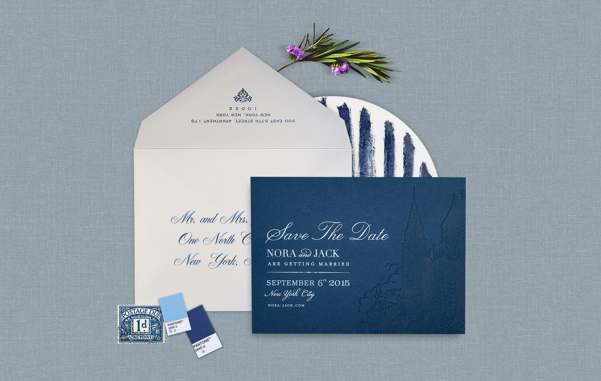 Blue and white NYC skyline wedding save the date
