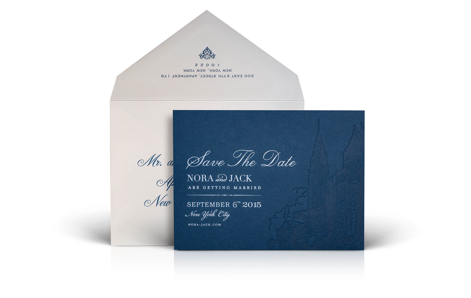 Navy New York City save the date and envelope