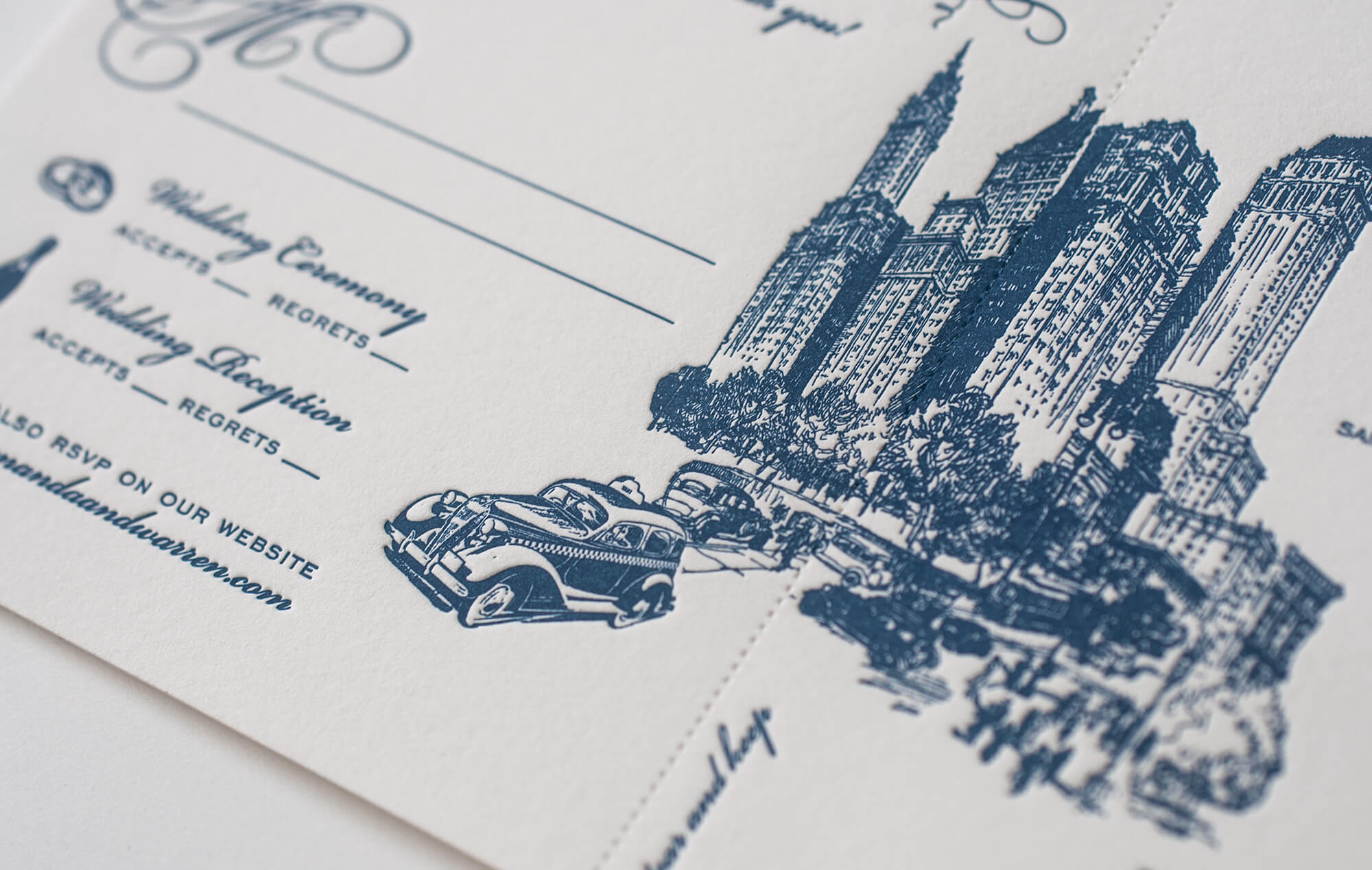 Navy blue letterpress NYC skyline and taxi