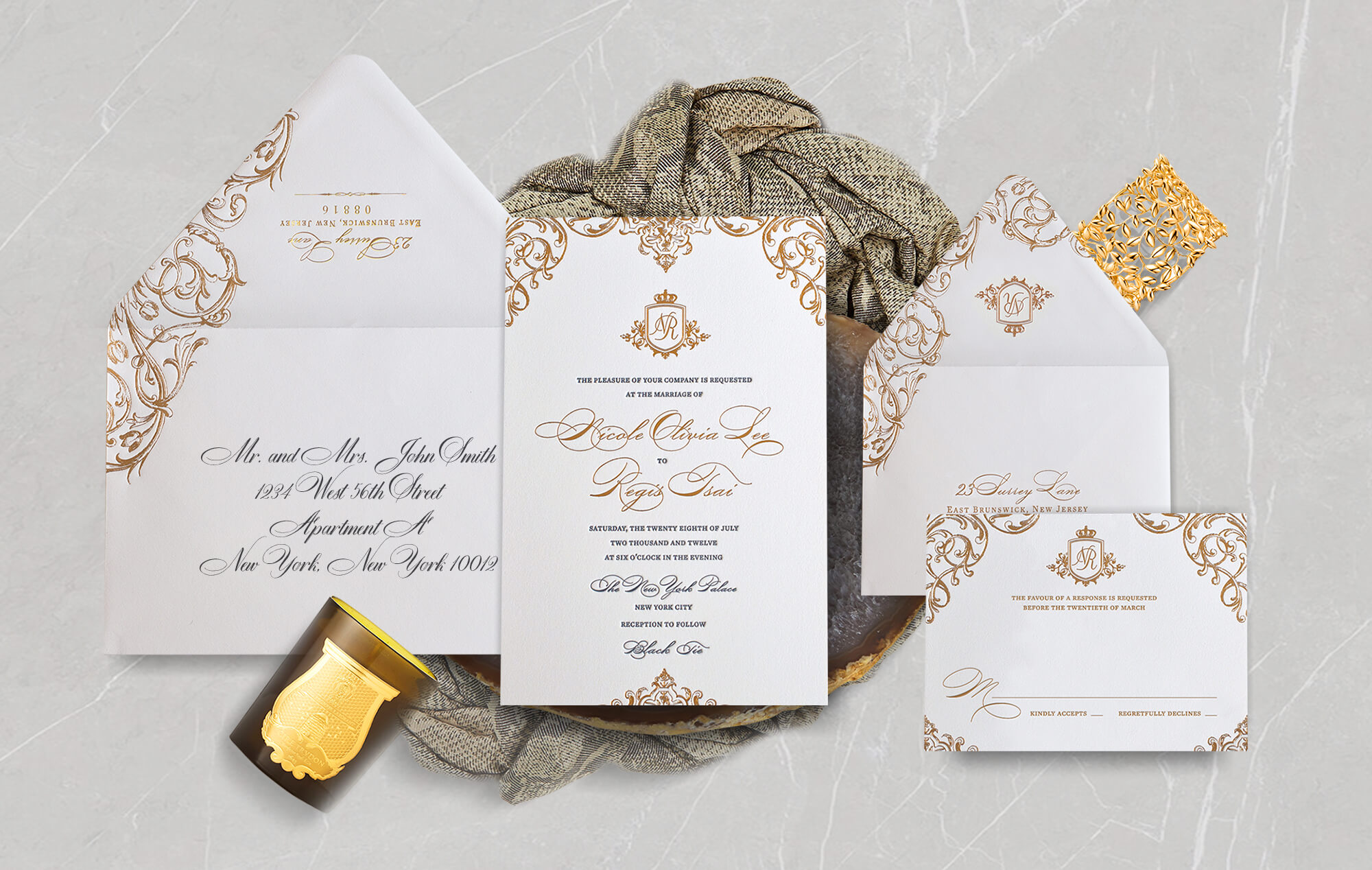 Ornate gold luxury wedding invitation