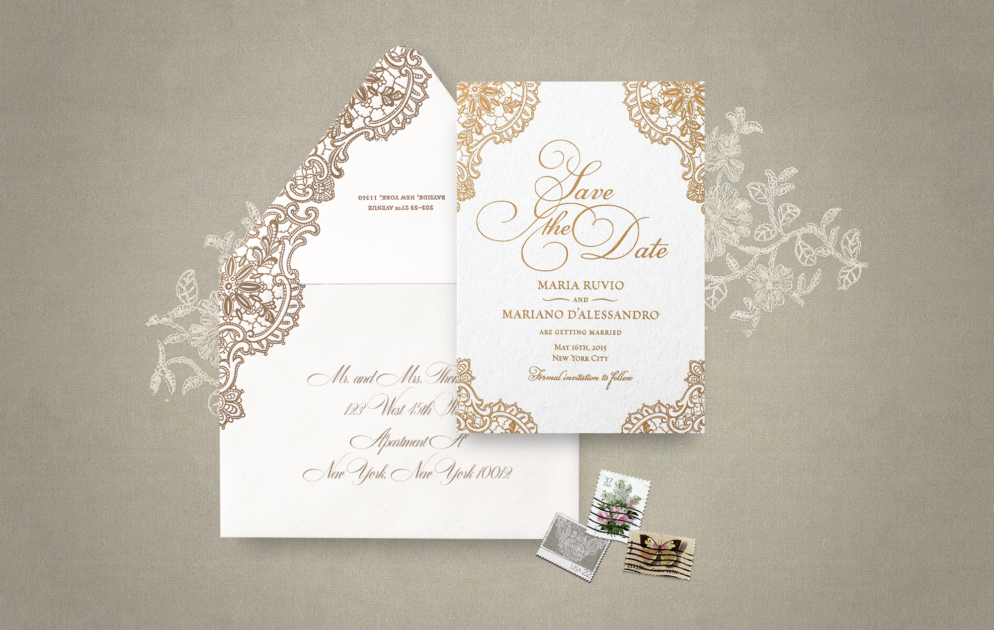 Ornate gold lace save the date and envelope