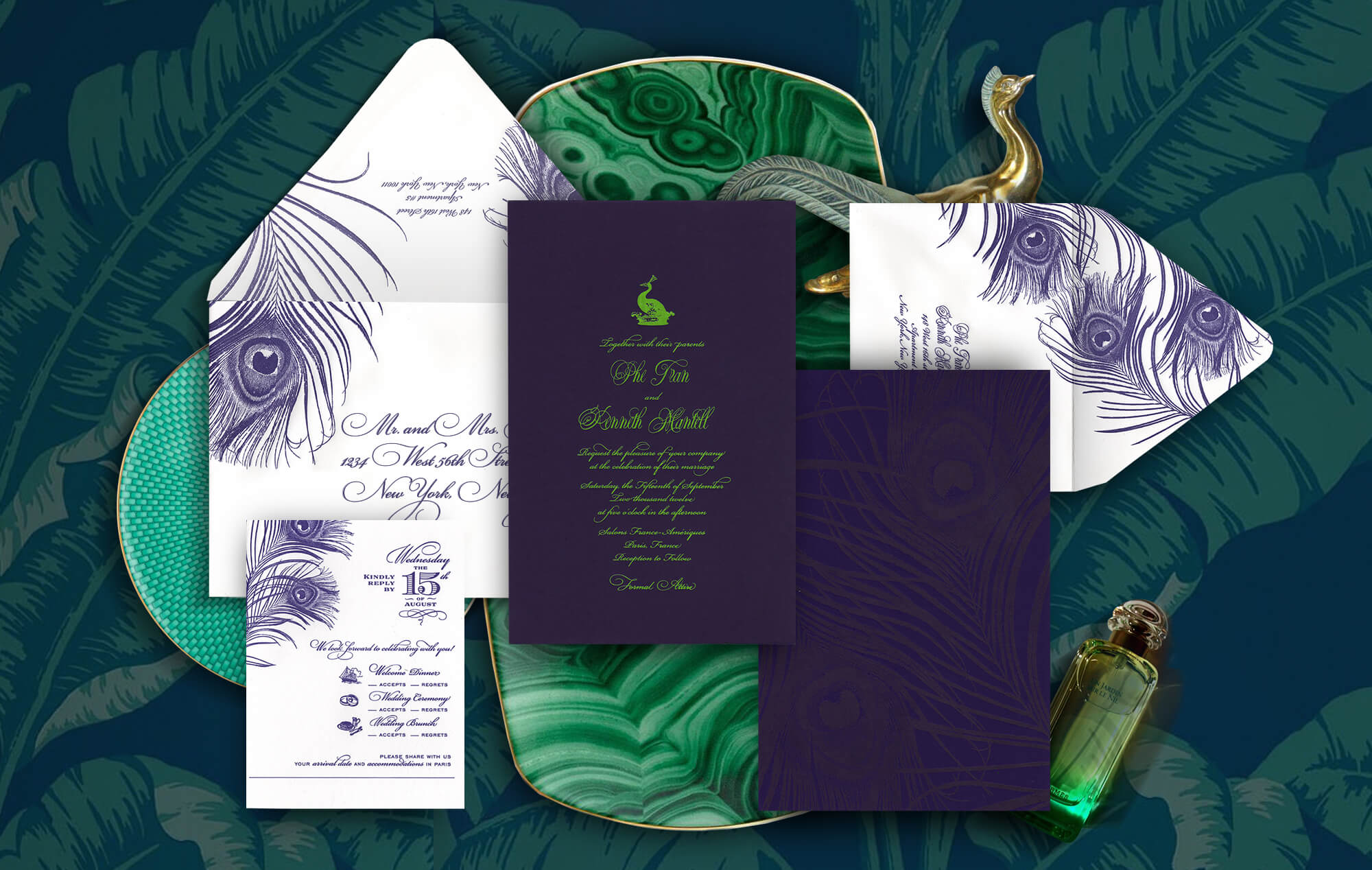 Peacock feather contemporary meets classic wedding invitation