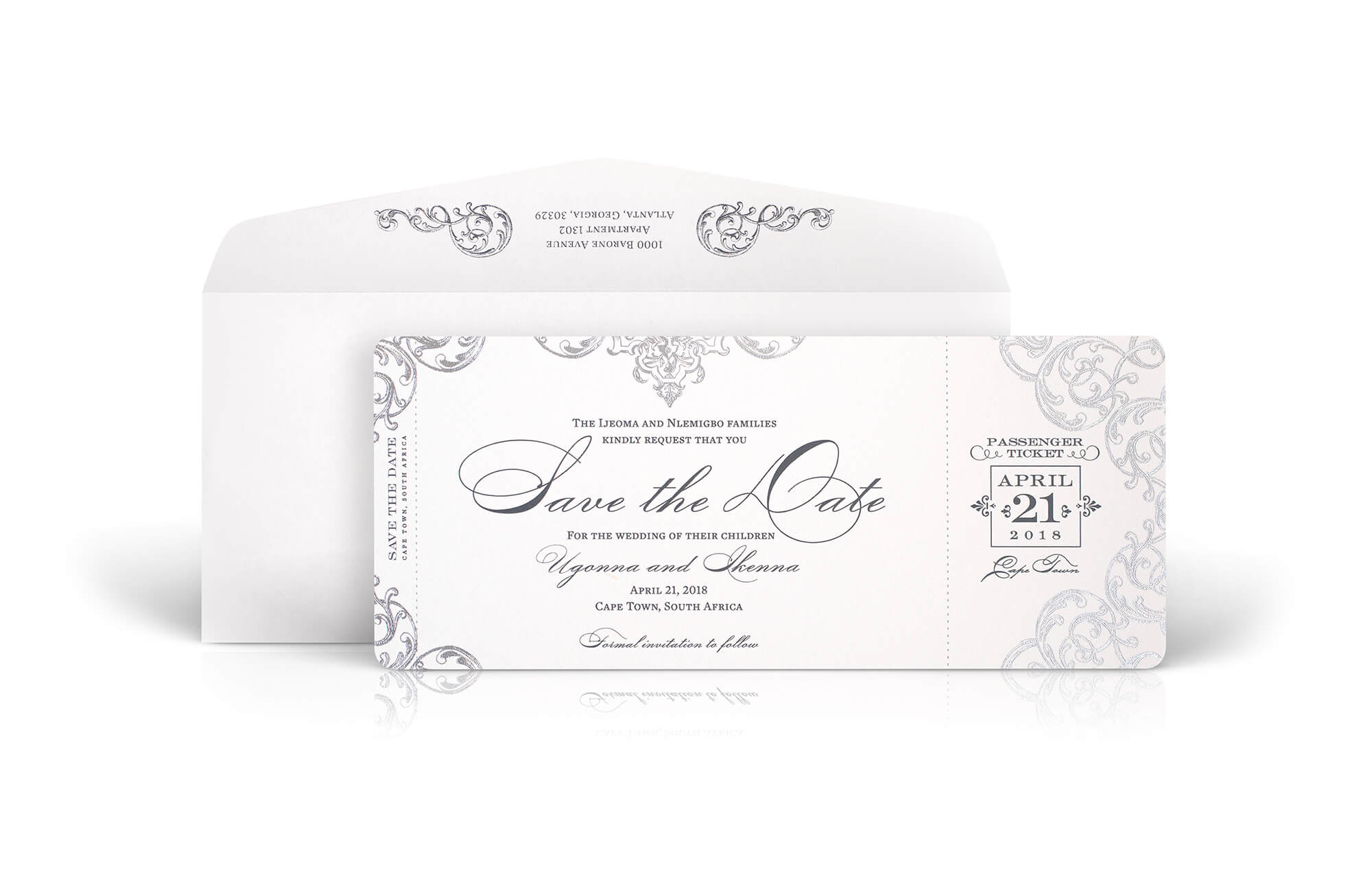 Ornate scrollwork save the date for a destination wedding