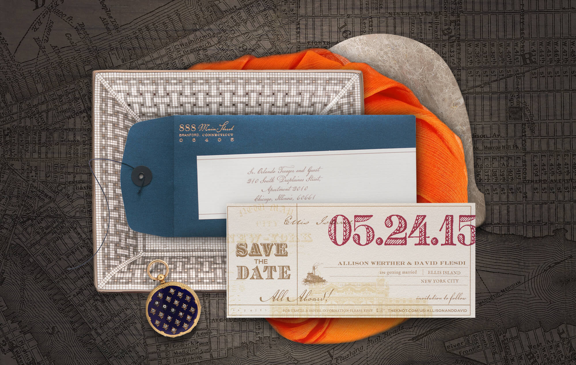 Ellis Island vintage save the date inspired by travel tickets