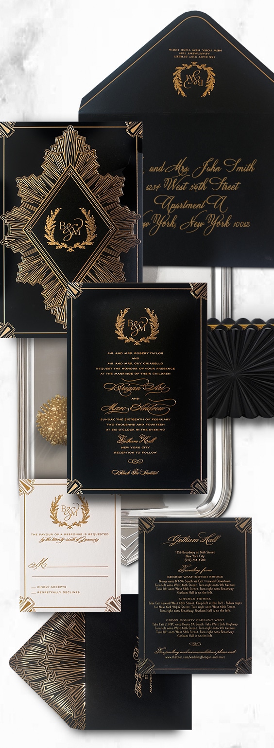 Black and gold Art Deco wedding invitation