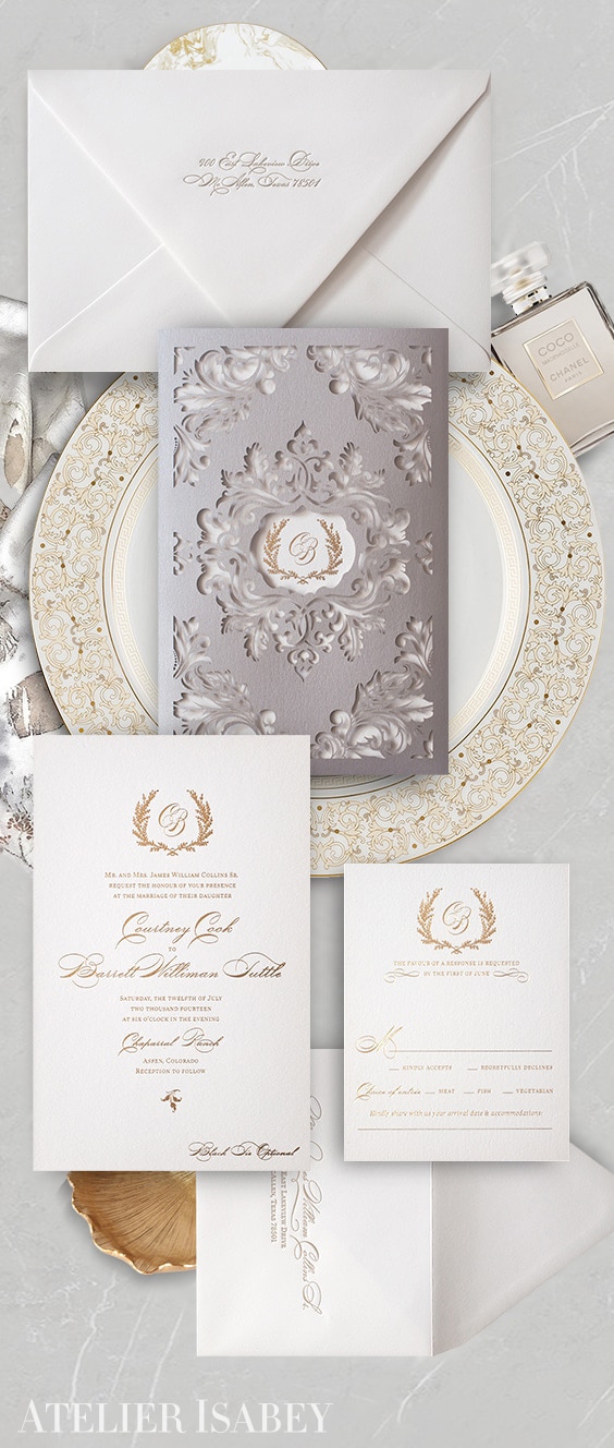 Classic laser cut wedding invitation with gold foil
