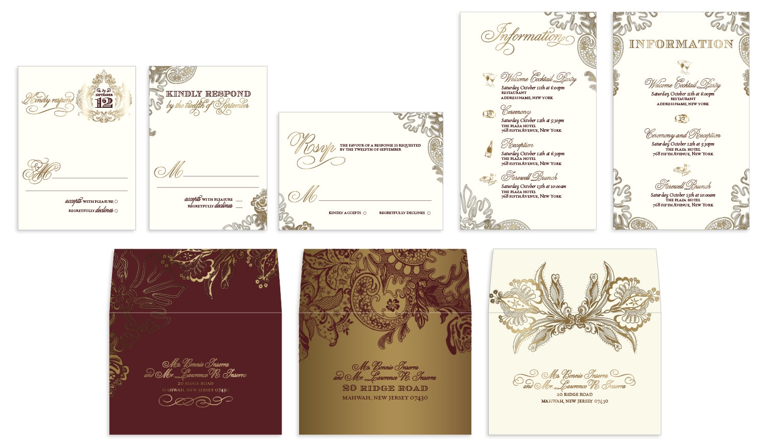 Custom lace wedding enclosure cards and envelopes