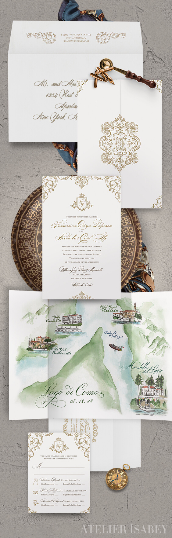 Classic wedding invitation with a watercolor map of Lake Como