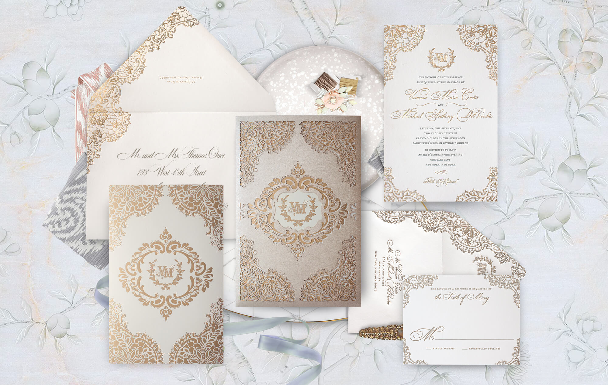Gold laser cut ornate wedding invitation