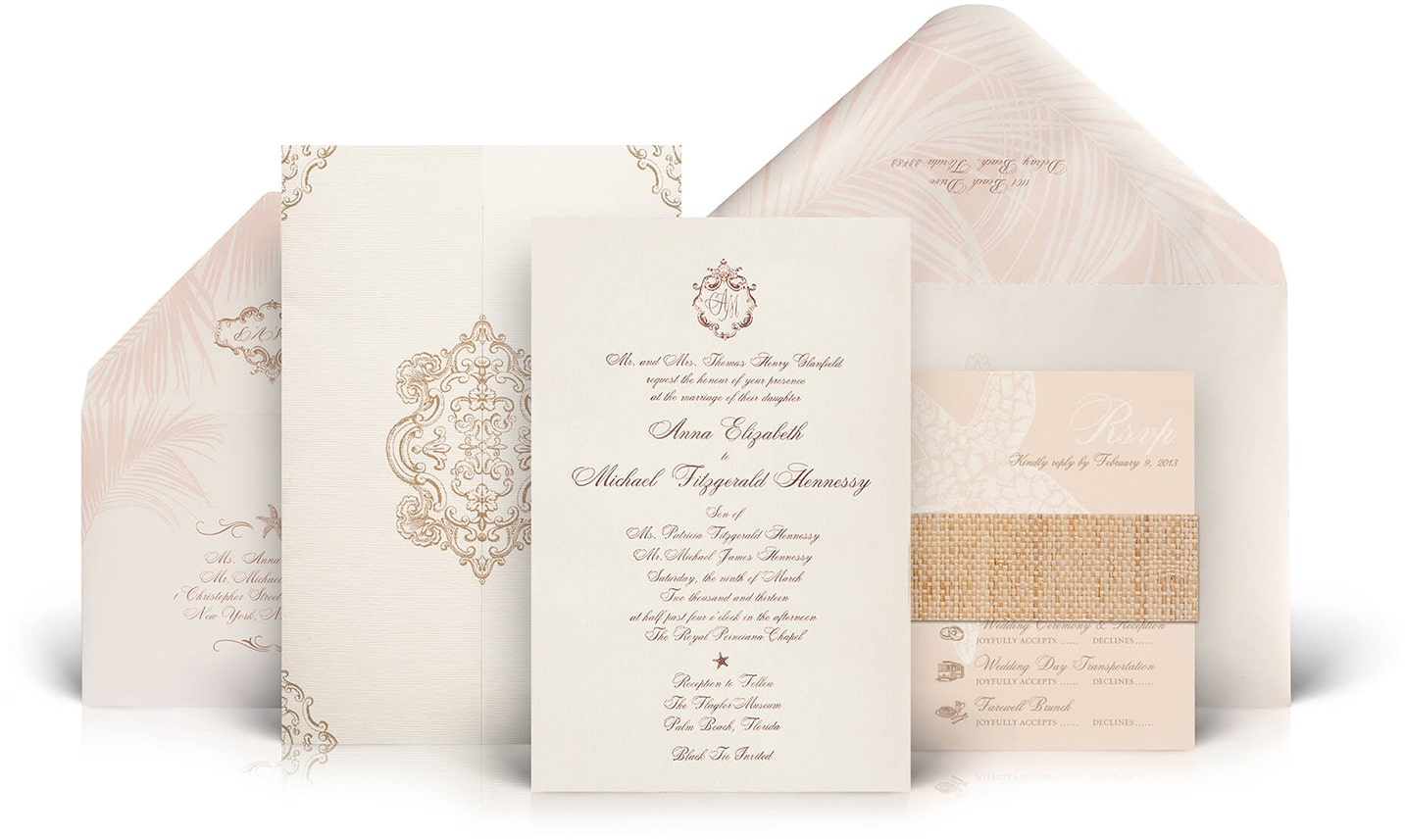 Pink and gold Palm Beach wedding invitation