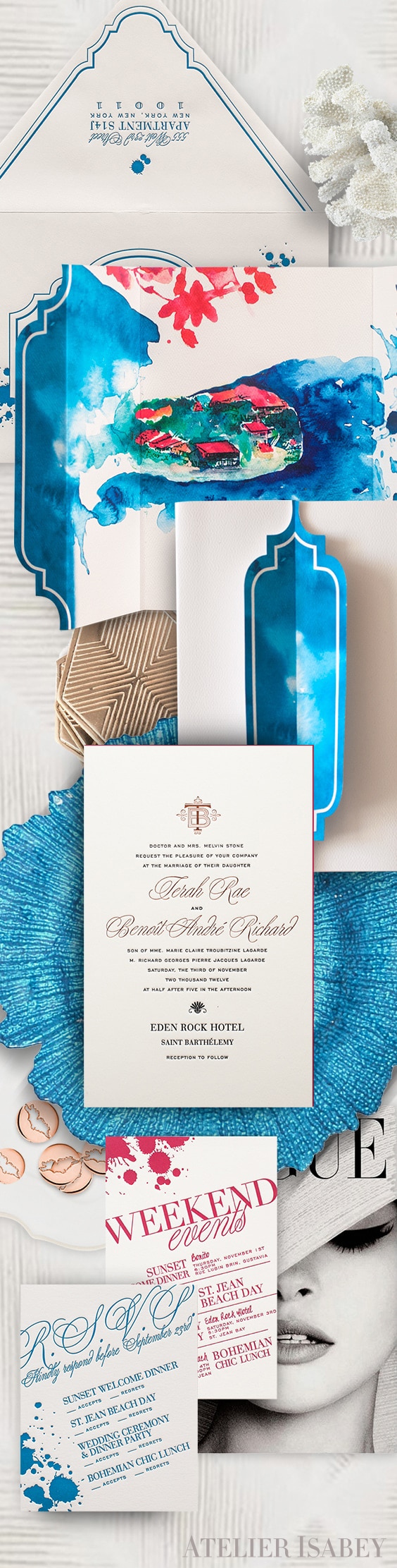 Eden Rock Saint Barts watercolor wedding invitation | By Atelier Isabey