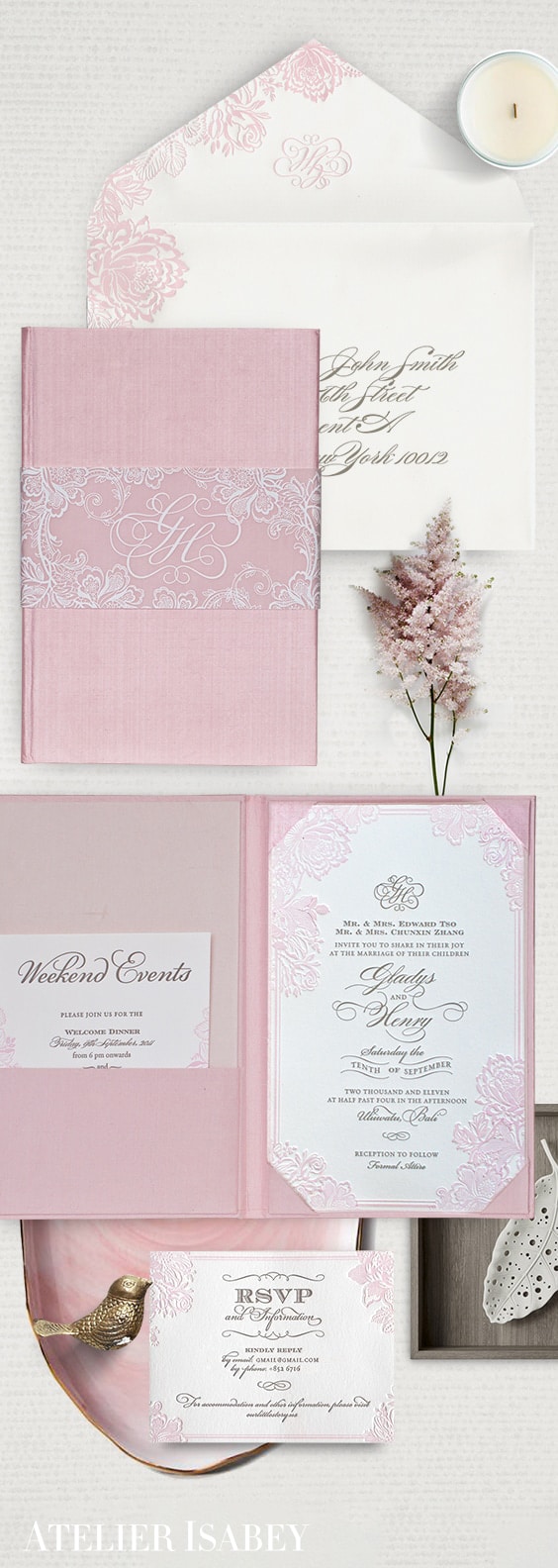 Pink silk folder wedding invitation