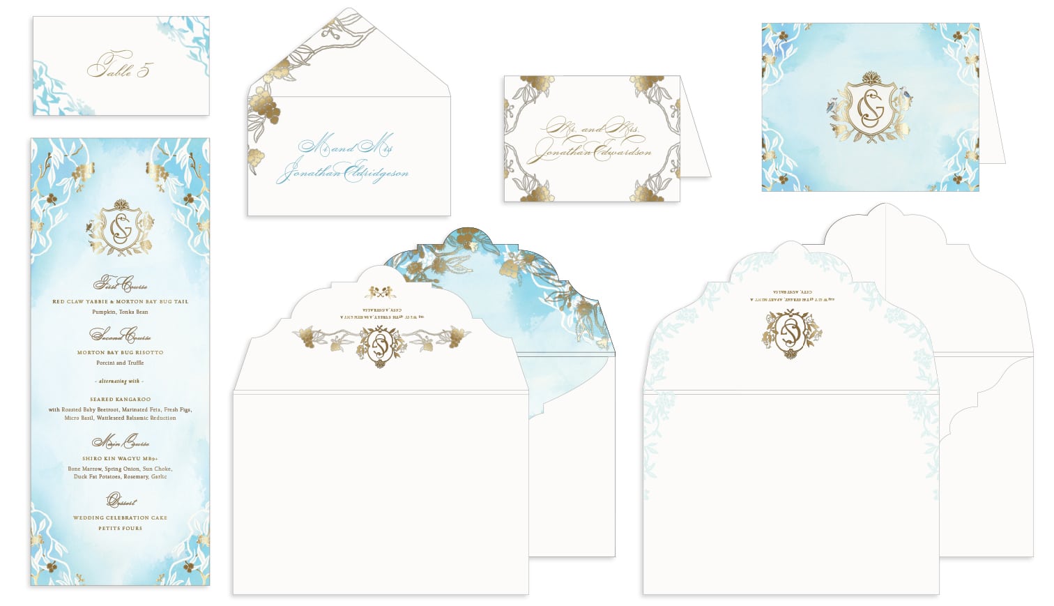 Watercolor and foil menu, place card, thank you card and envelopes
