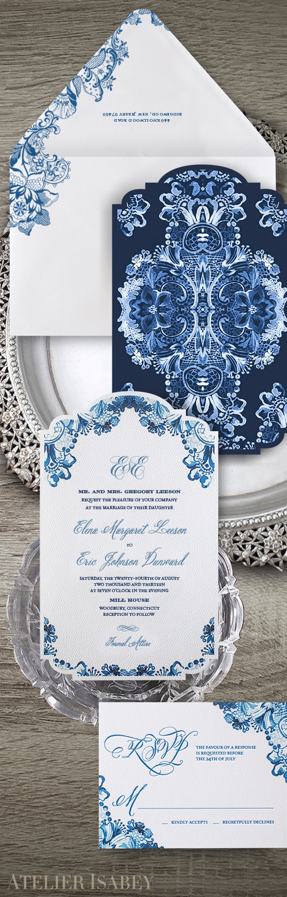 Blue and white watercolor lace wedding invitation | By Atelier Isabey