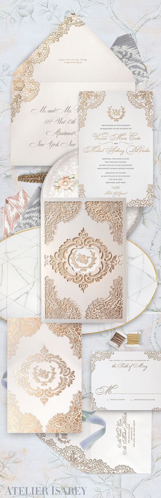 Gold lace wedding invitation with a laser cut sleeve