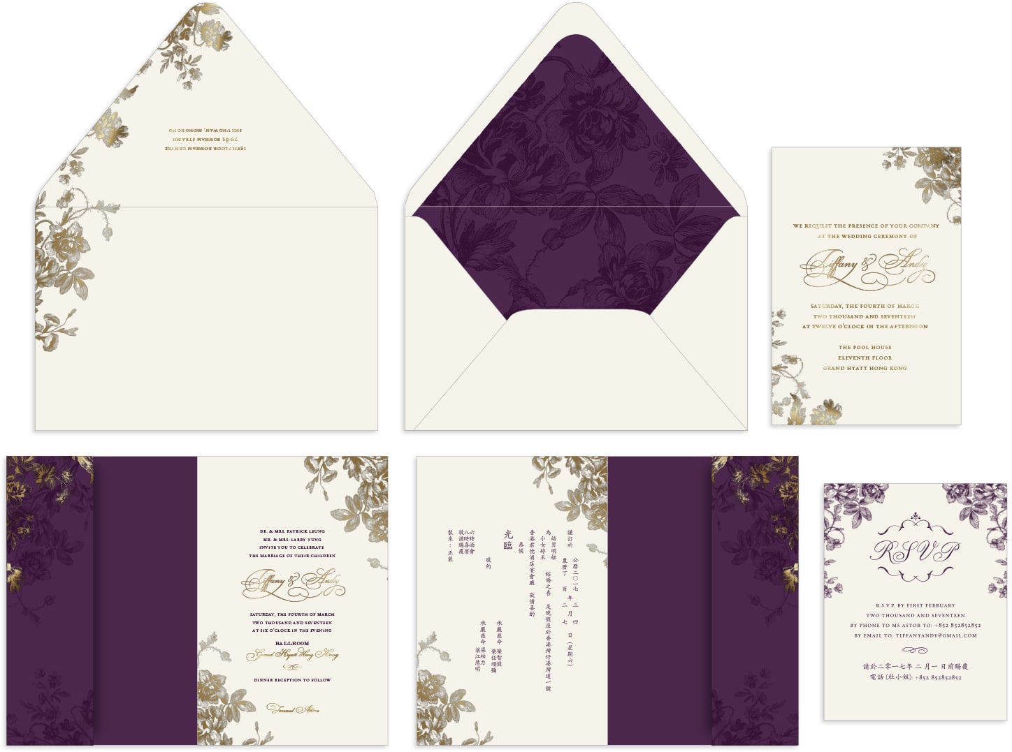 Purple and gold cards and envelopes