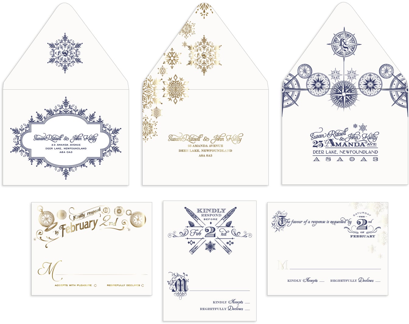 Snowflake and compass reply cards and envelopes