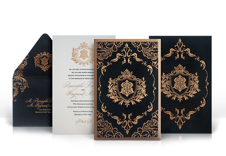 Black and gold laser cut wedding invitation