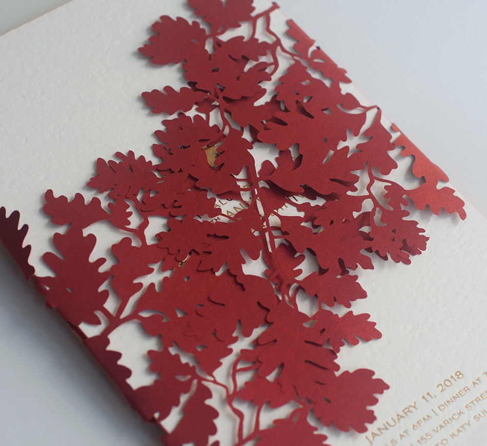 Laser cut red maple leaves