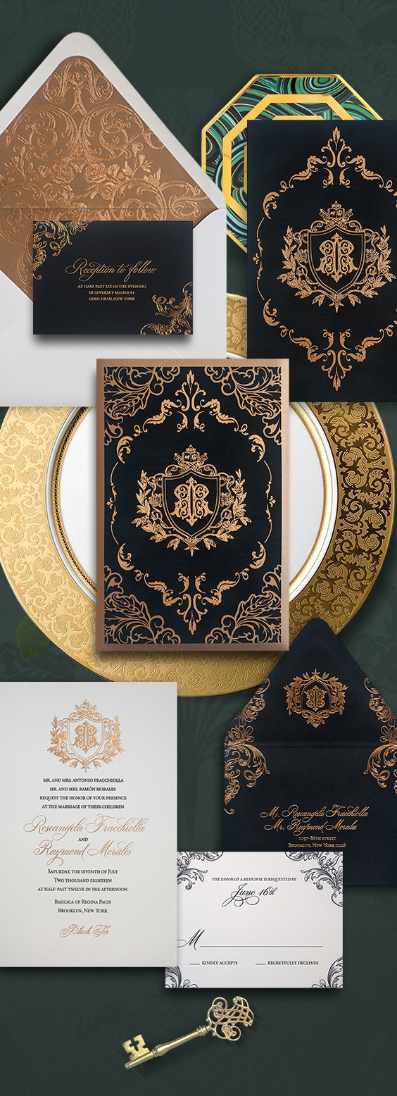 Ornate black and gold laser cut wedding invitation for a wedding at the De Seversky Mansion | By Atelier Isabey