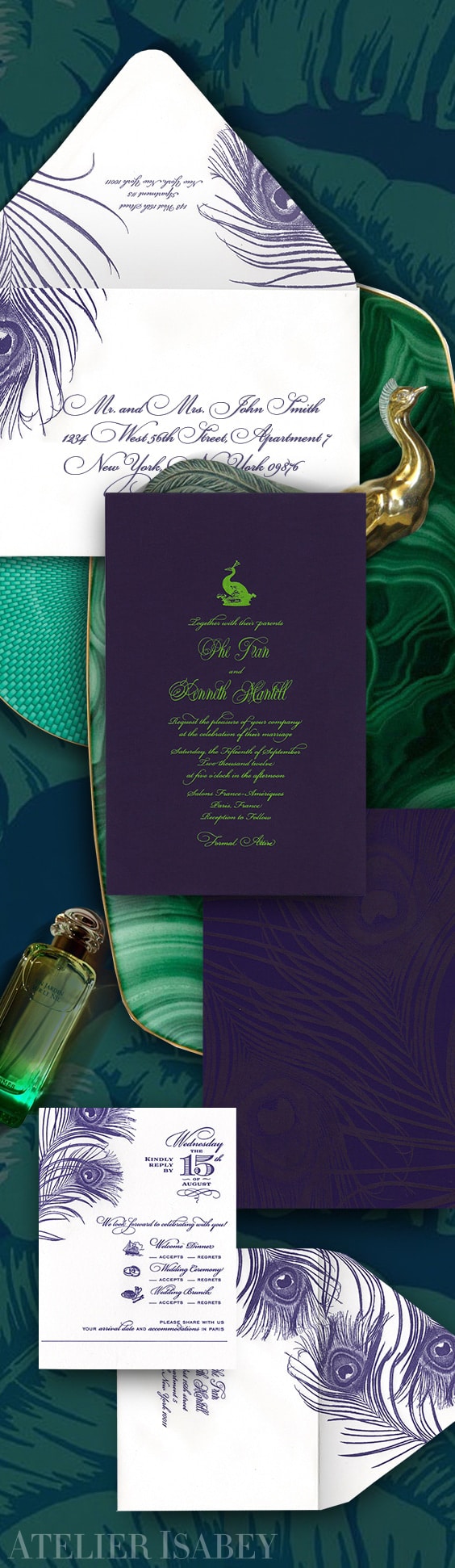 Peacock feather contemporary meets classic wedding invitation