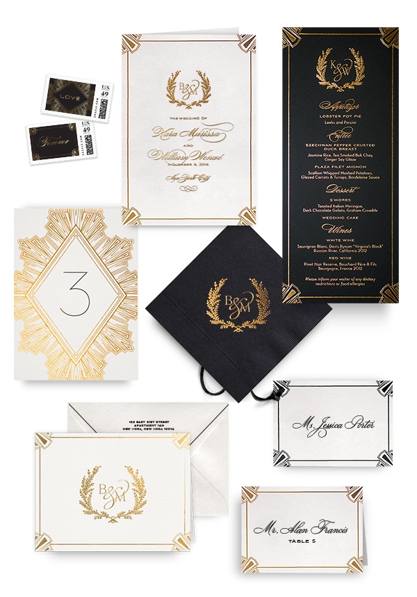 Deco gold napkins, table cards, escort and place cards
