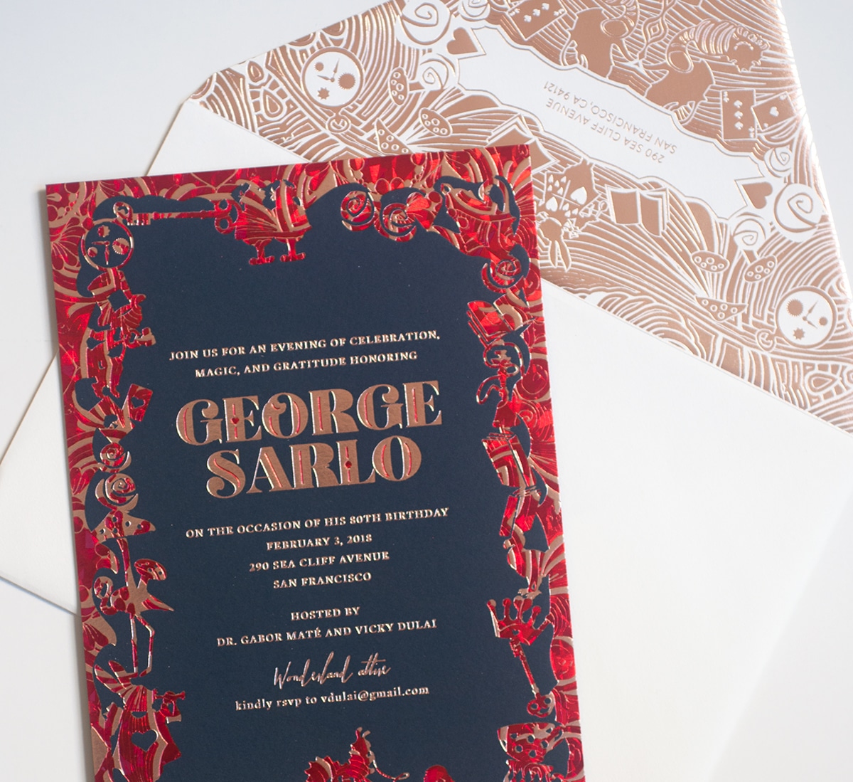 Red, rose gold and navy invitation