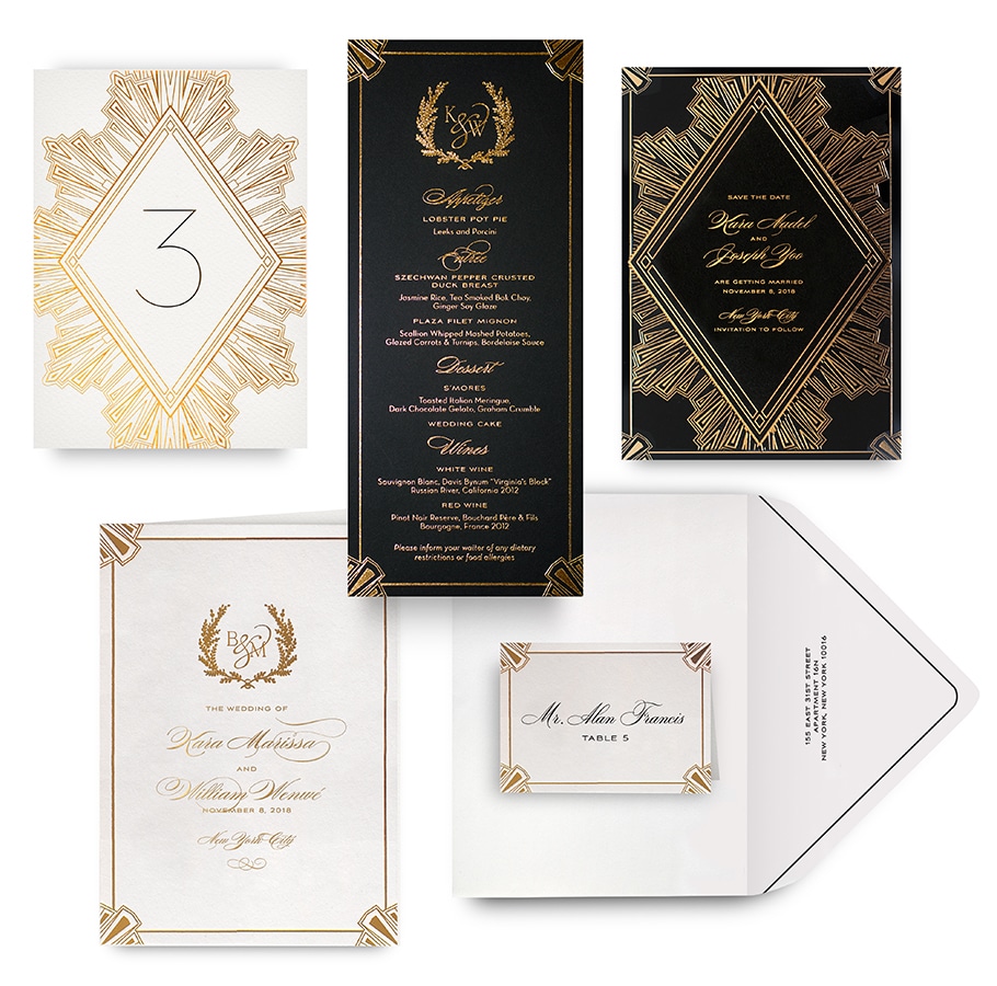 Deco gold save the date, menu, program and wedding accessories
