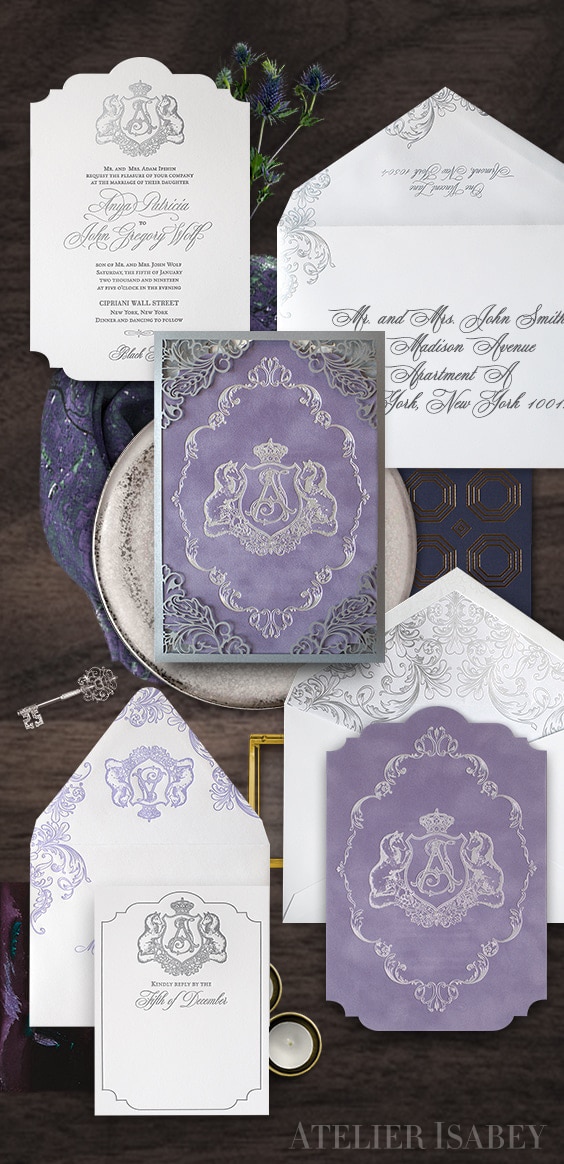 Fairytale inspired wedding invitation with purple velvet and silver laser cutting | By Atelier Isabey