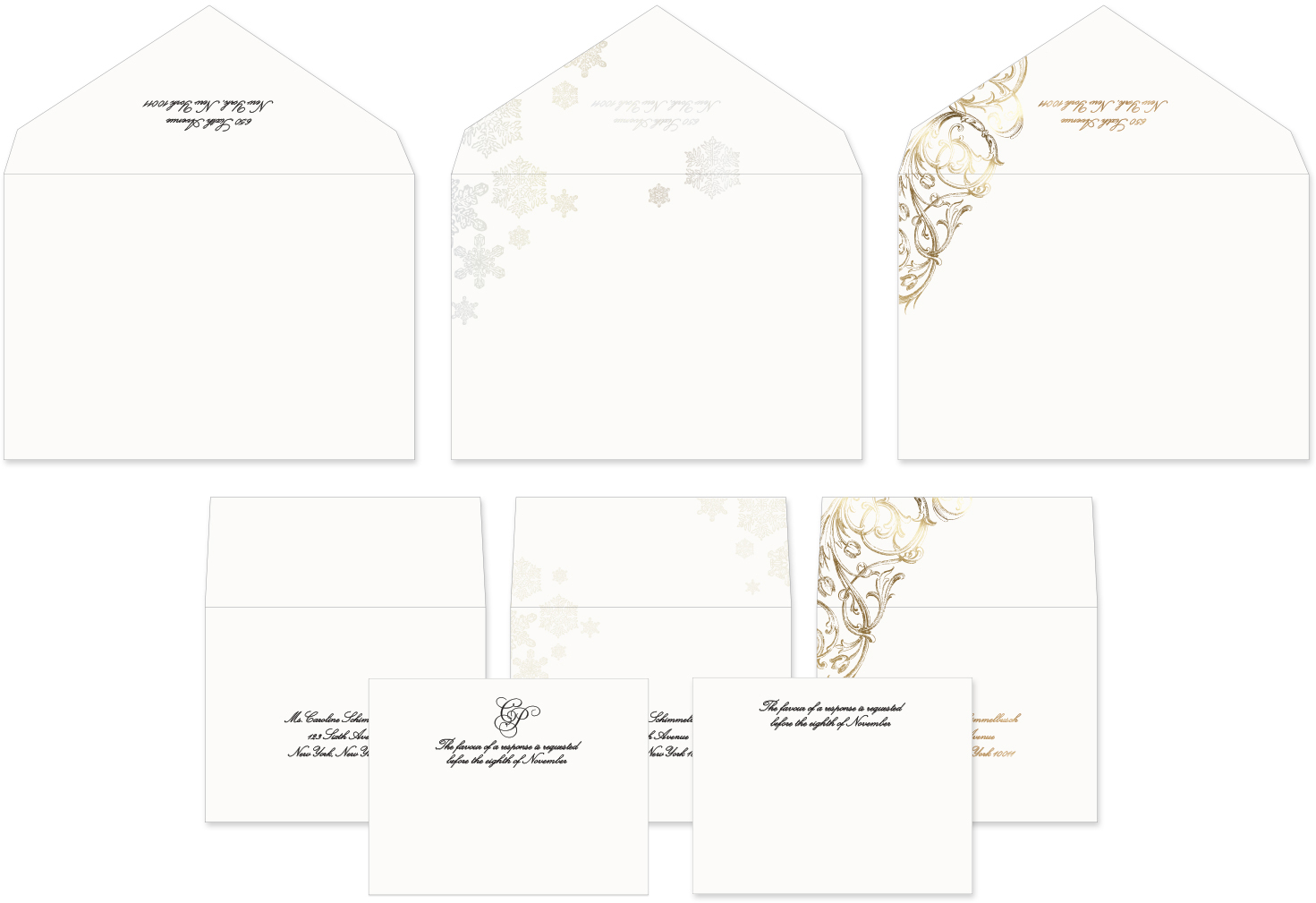 Matching ornate and winter inspired envelopes