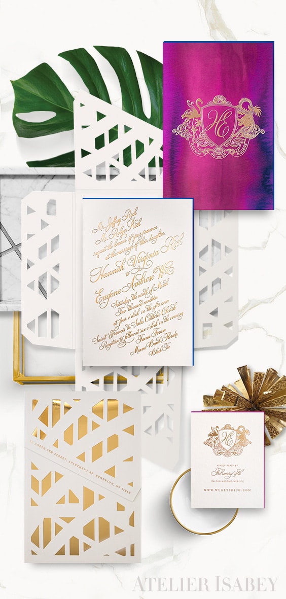 Faena Forum inspired wedding invitation with calligraphy, watercolor and gold foil | By Atelier Isabey