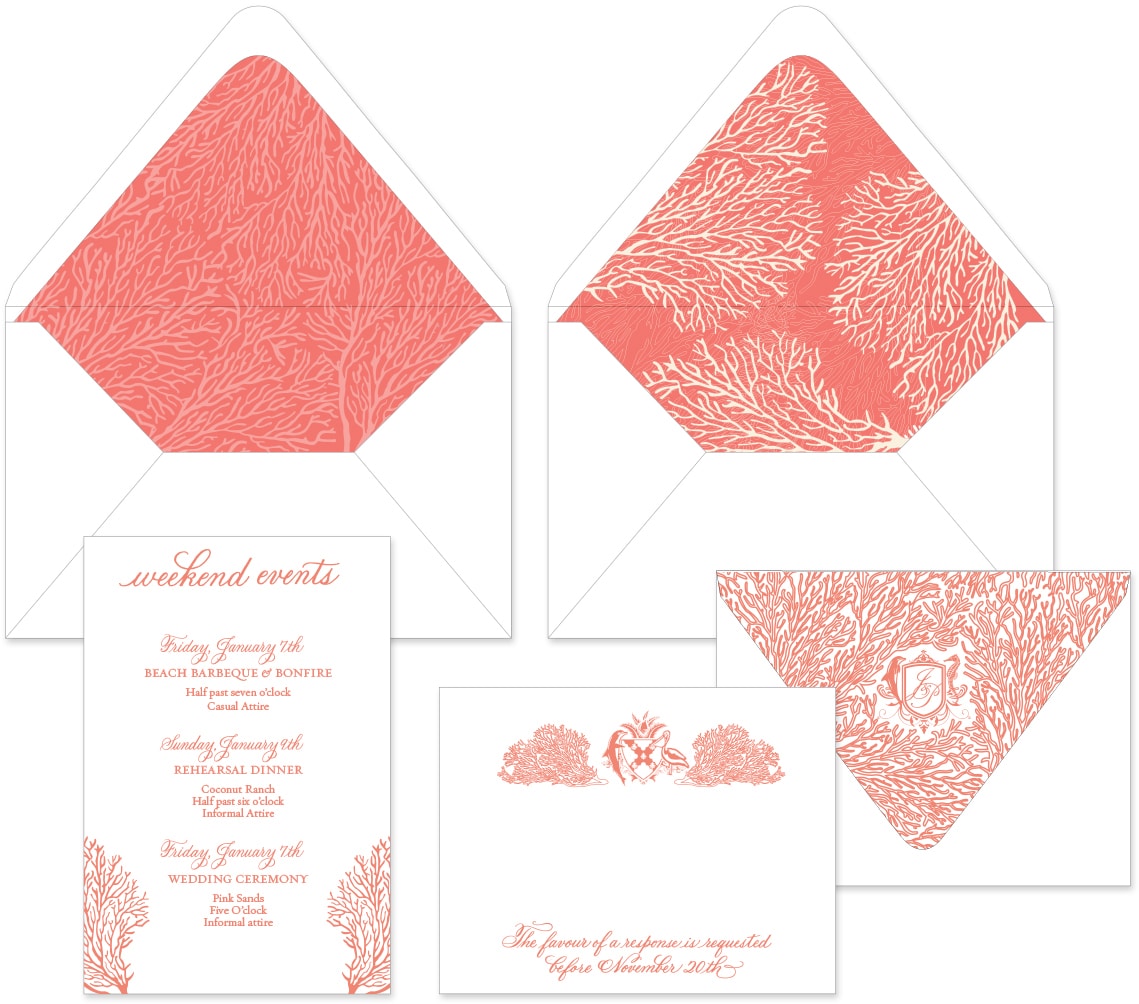 Coral print wedding invitation
