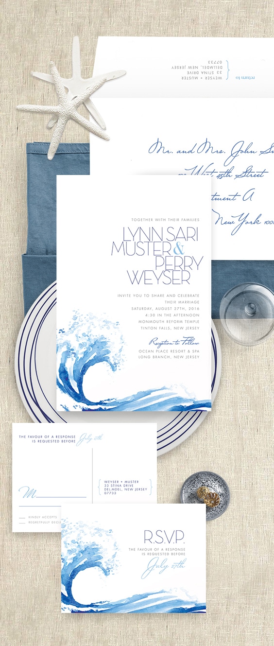 Ocean wave wedding invitation with watercolor details | By Atelier Isabey