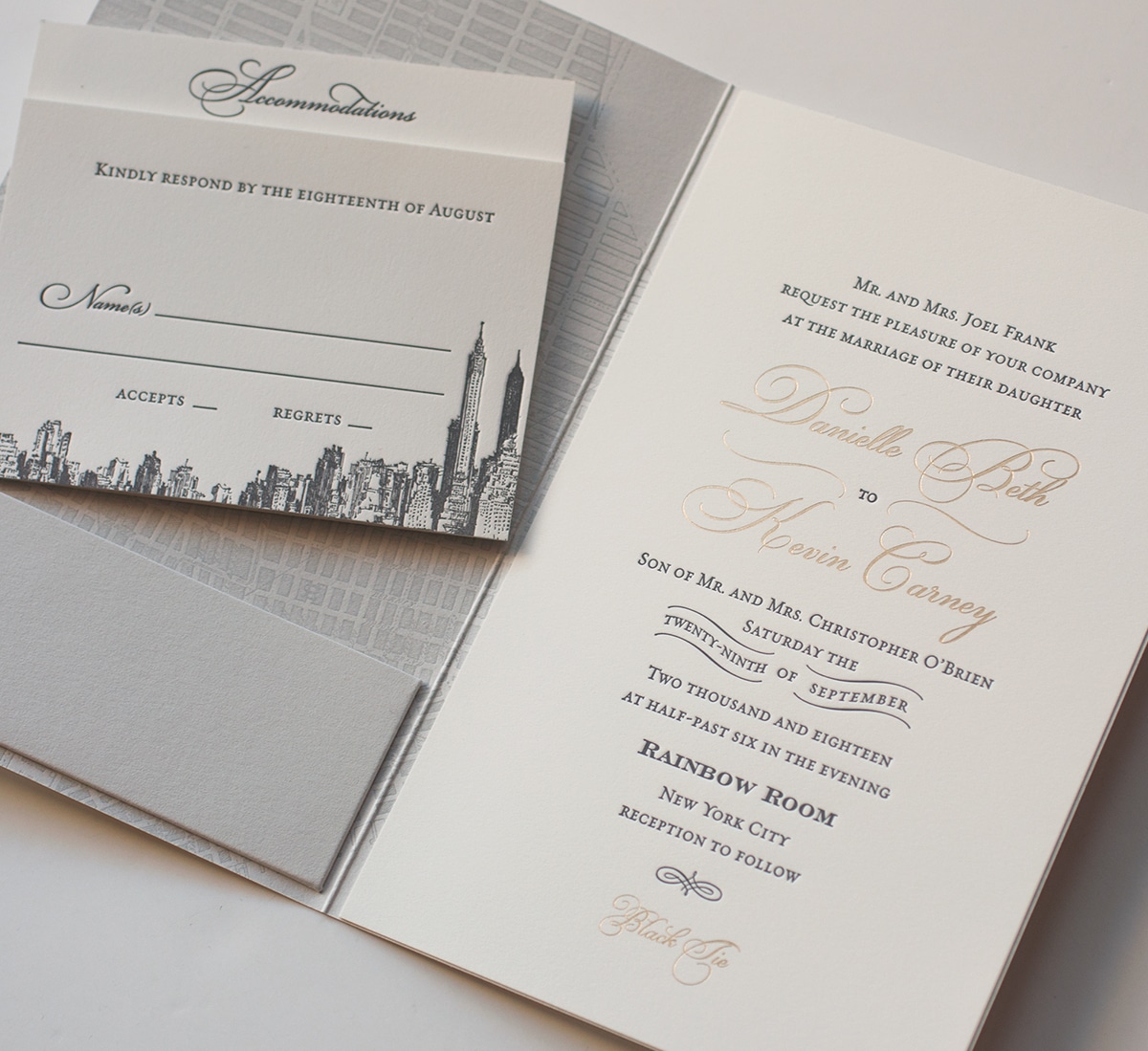 Gold foil and letterpress NYC wedding invitation