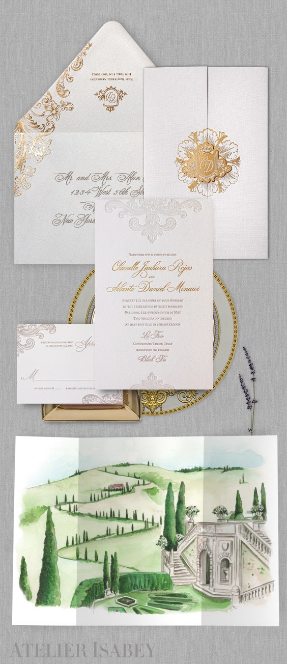 Tuscany wedding invitation with watercolor illustration