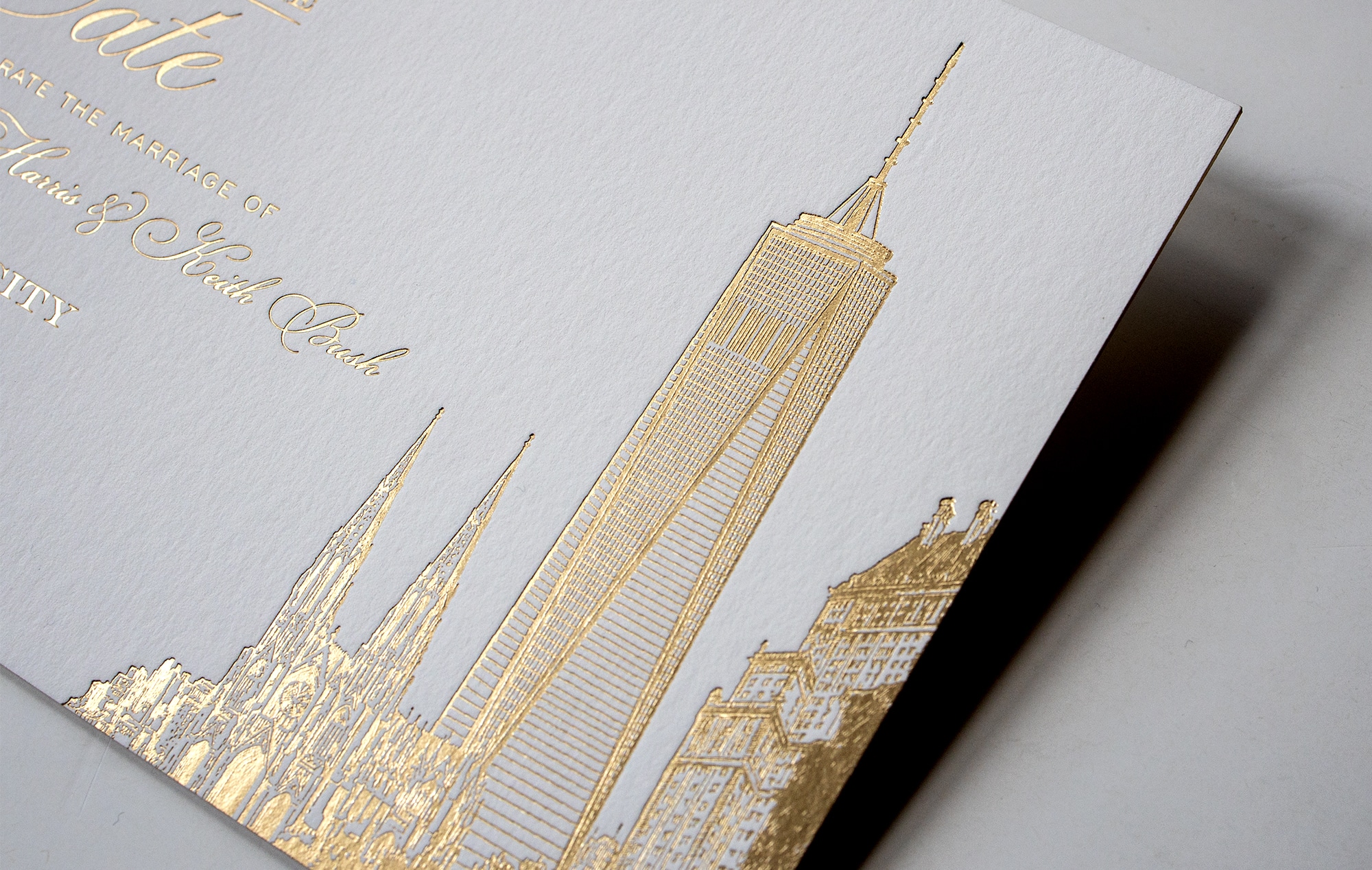 Gold foil illustration of One World Trade Center