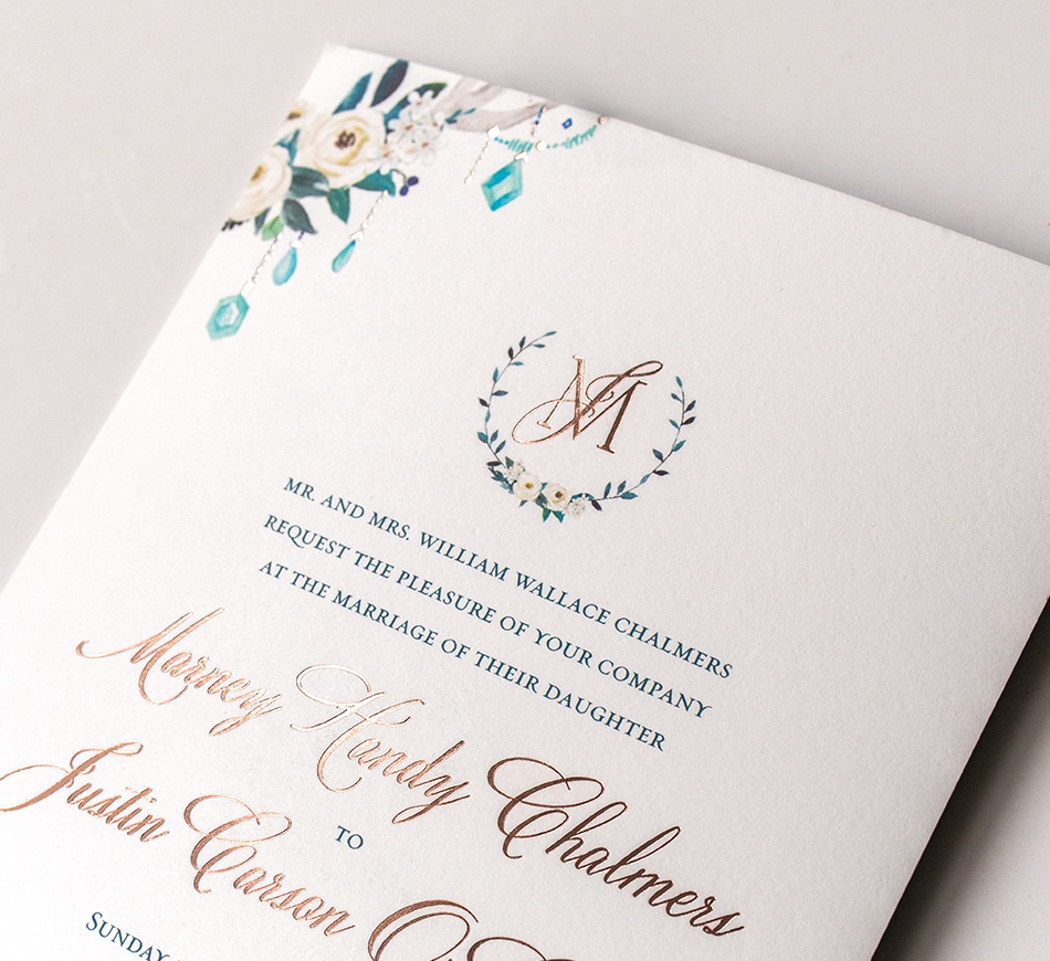 Teal and rose gold invitation detail