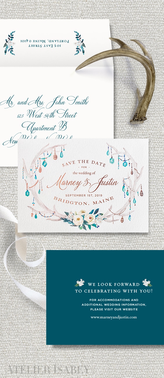 Rustic meets floral watercolor save the date with rose gold foil | By Atelier Isabey