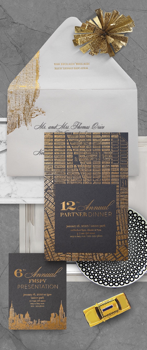 New York City inspired event invitations with gold foil on charcoal paper | By Atelier Isabey