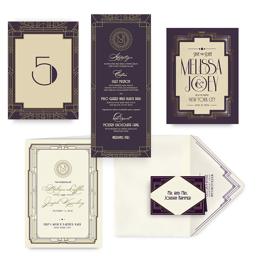 1920s Deco save the date, menu, program and wedding accessories