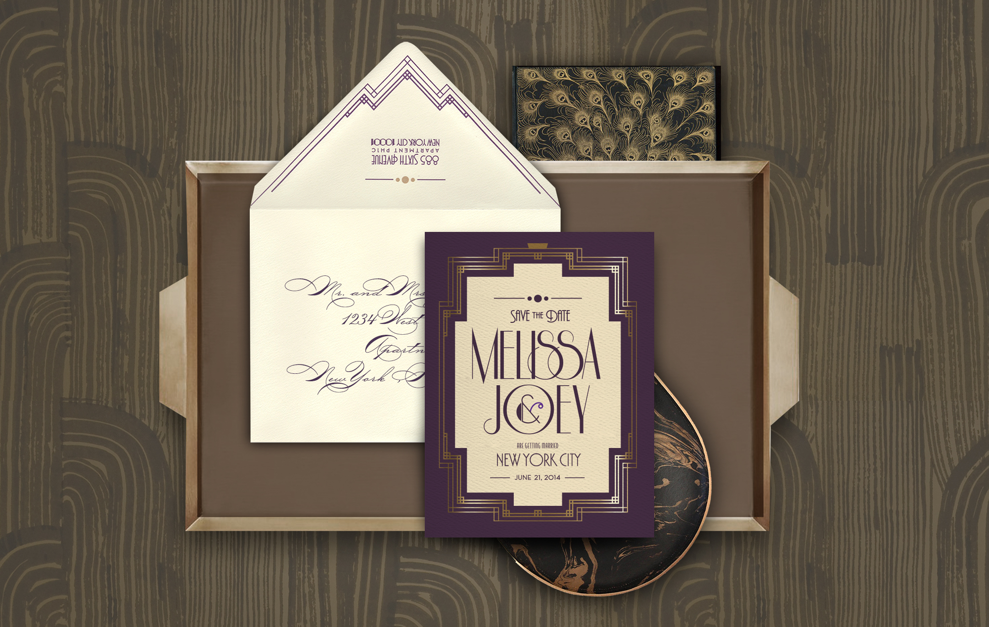 1920s purple and gold Art Deco Save the Date