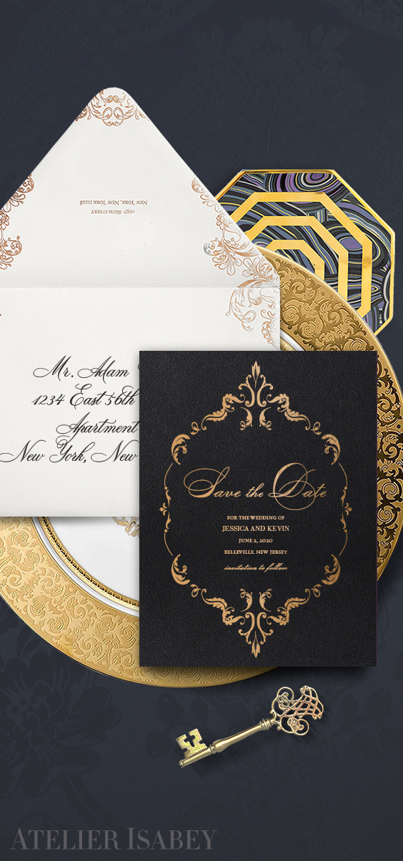 Ornate black and gold save the date