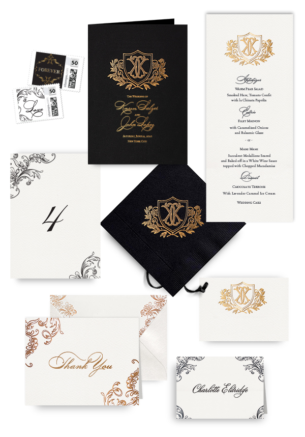 Ornate gold napkins, table cards, escort and place cards