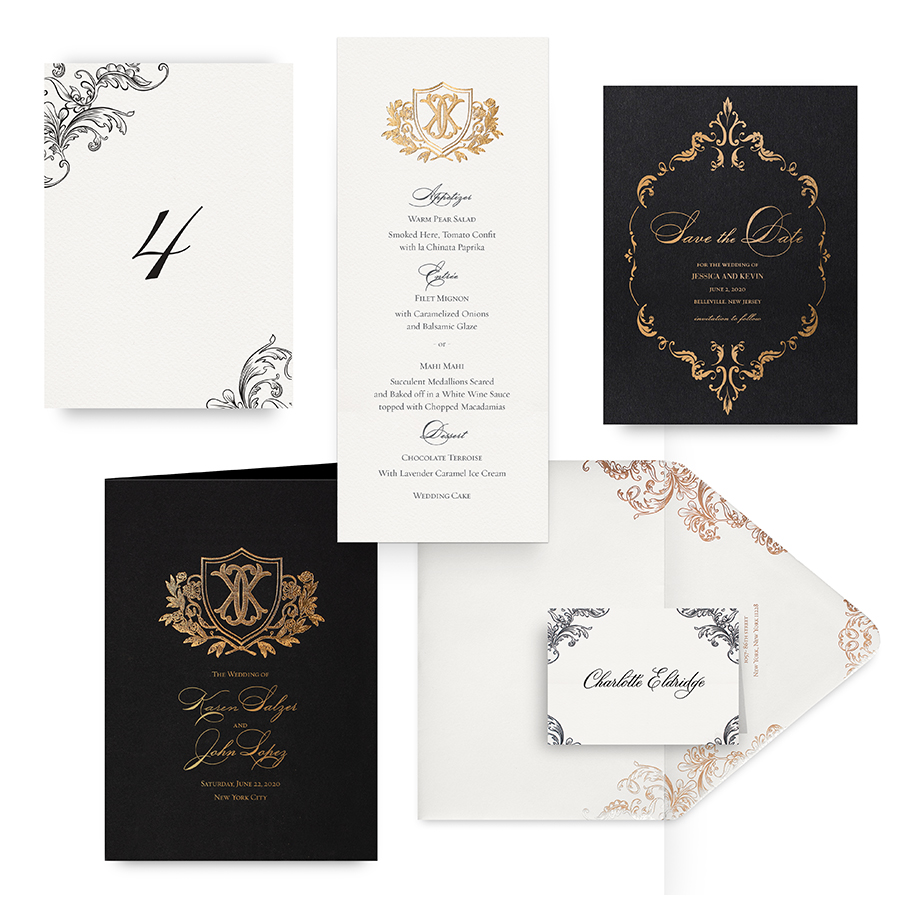 Ornate black and gold wedding accessories