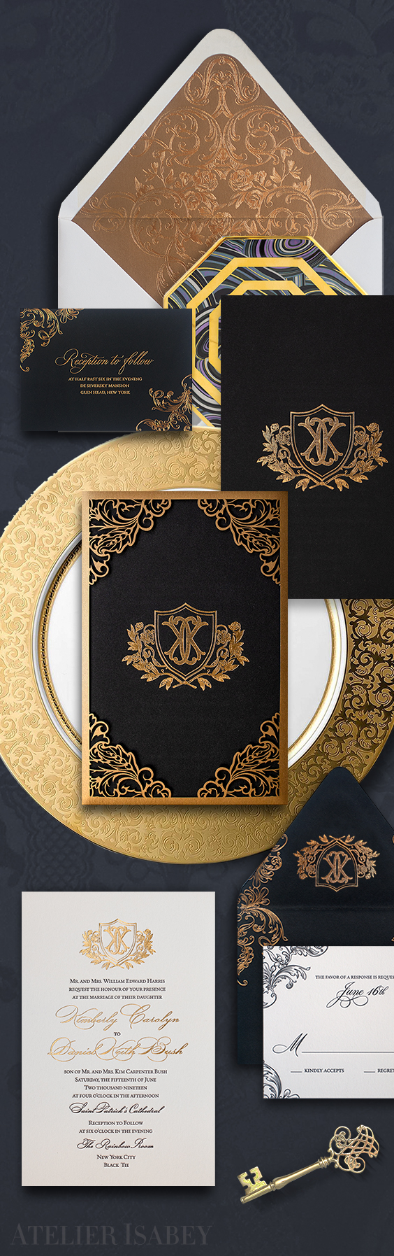 Ornate black and gold wedding invitation