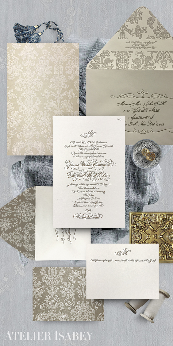 Damask classic wedding invitation and envelopes