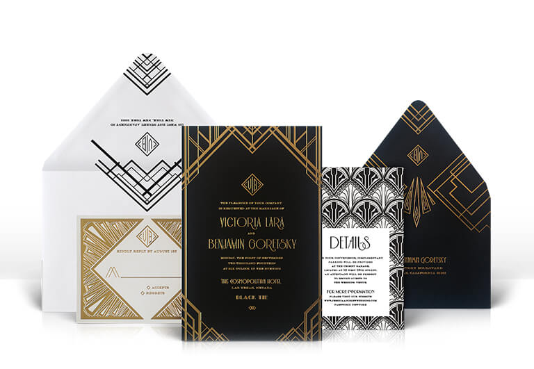 The Great Gatsby 1920s black and gold wedding invitation