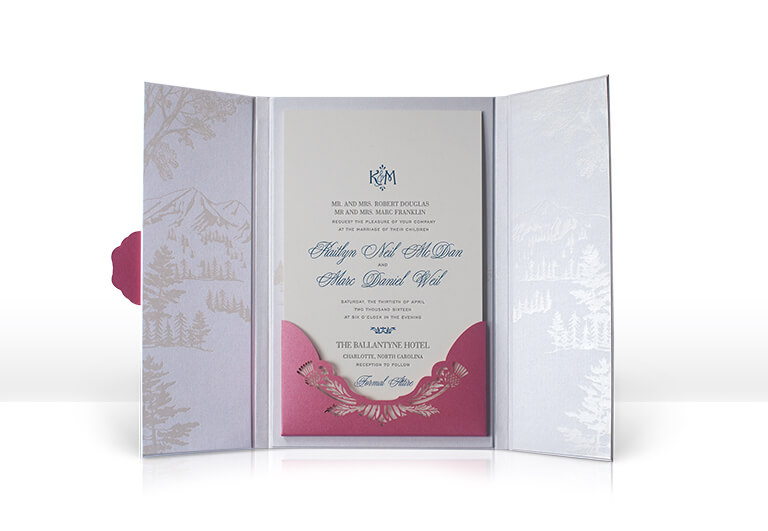 Ballantyne Hotel wedding invitation suite in pink and blue