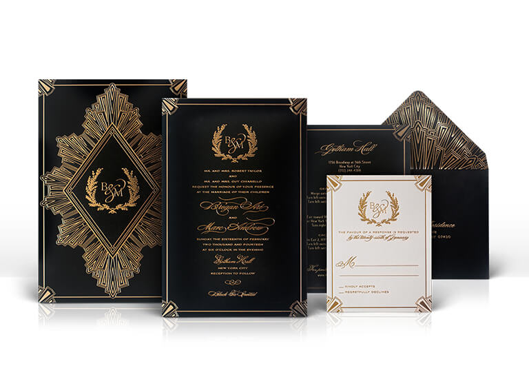 Black and gold Art Deco wedding invitation